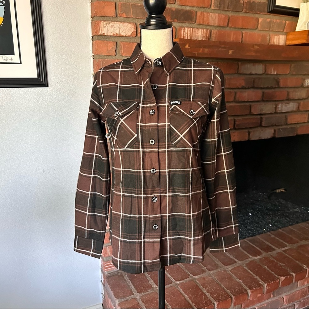 NWOT DIXXON Pantera Plaid Flannel Button Down Shirt in Brown Sz S
